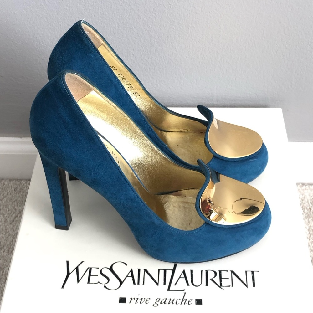 YSL Blue Suede Pumps with Gold Plate